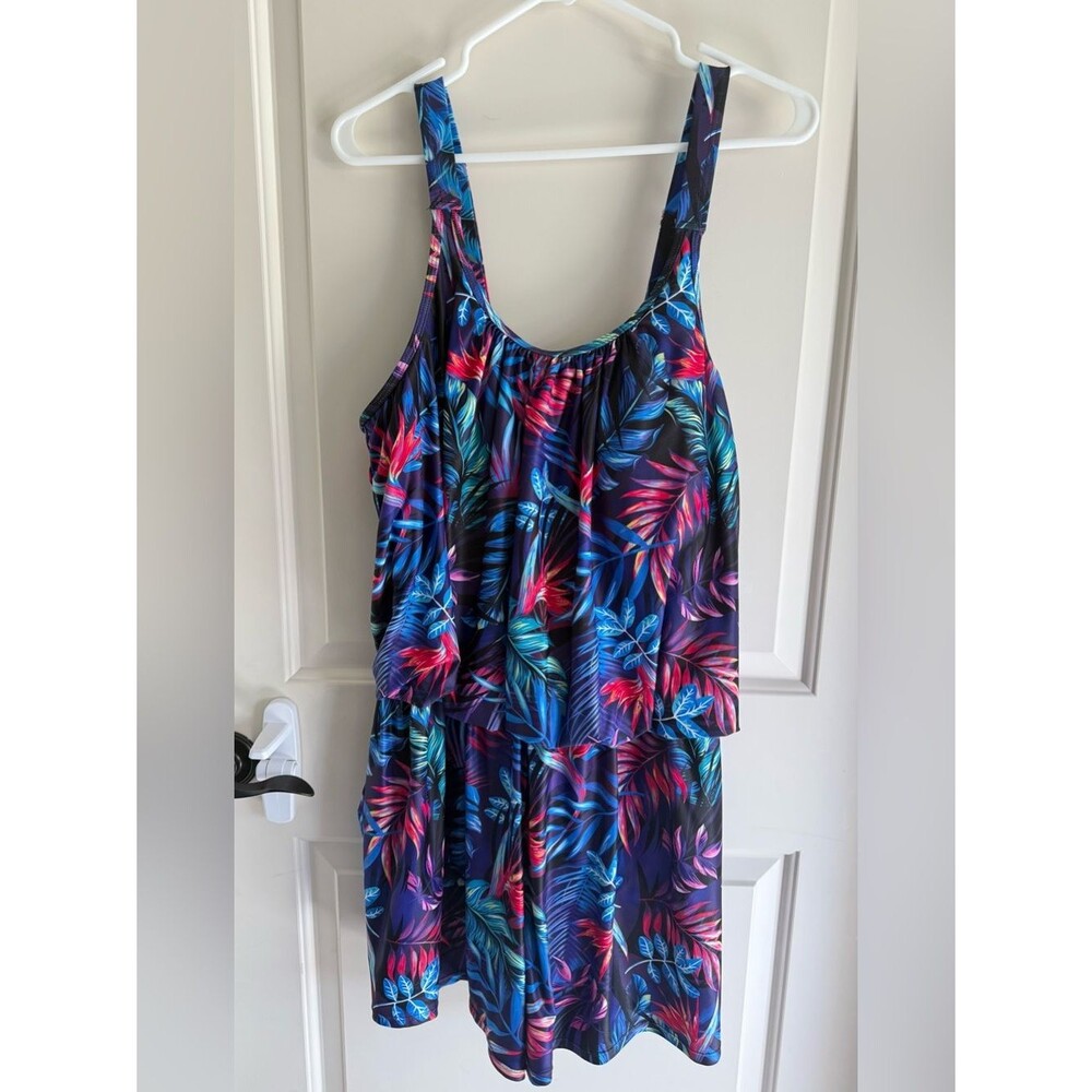 Tropical Floral Swim Romper - Vibrant Blue & Pink Leaf Print by Tempt Me 20W